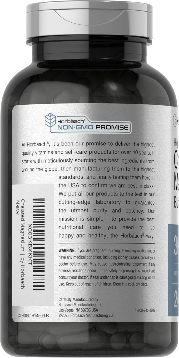 360mg Horbäach Chelated Magnesium Capsules - 240 Count - Non-GMO & Gluten Free Supplement