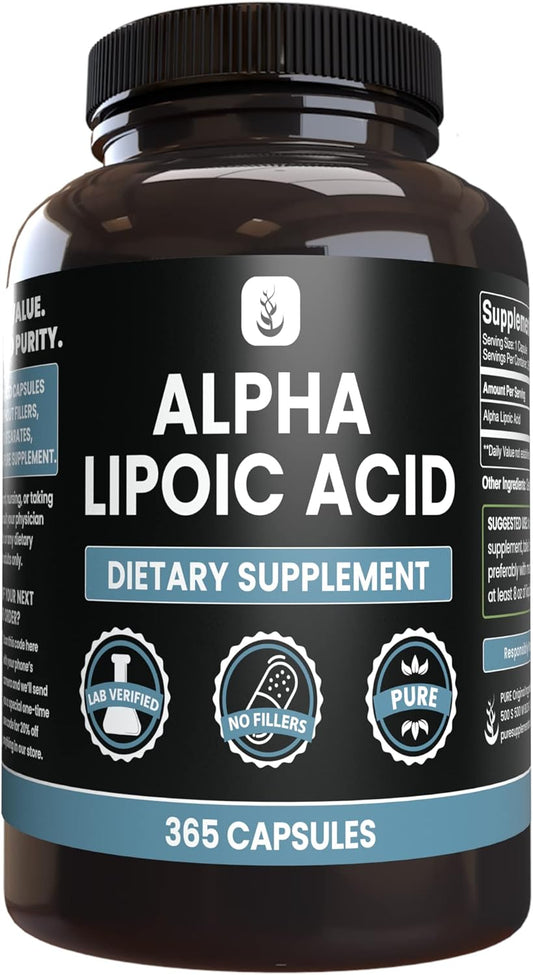 365 Capsules Alpha Lipoic Acid Supplement - Pure Ingredients, No Fillers - Lab Verified