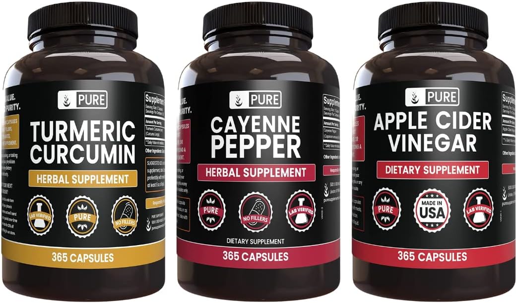 365 Capsules Bundle of 100% Natural Cayenne Pepper, Turmeric Curcumin, and Apple Cider Vinegar Ingredients