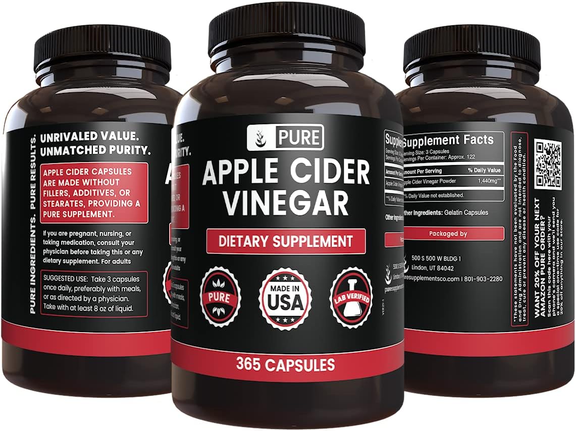 365 Capsules Bundle of 100% Natural Cayenne Pepper, Turmeric Curcumin, and Apple Cider Vinegar Ingredients