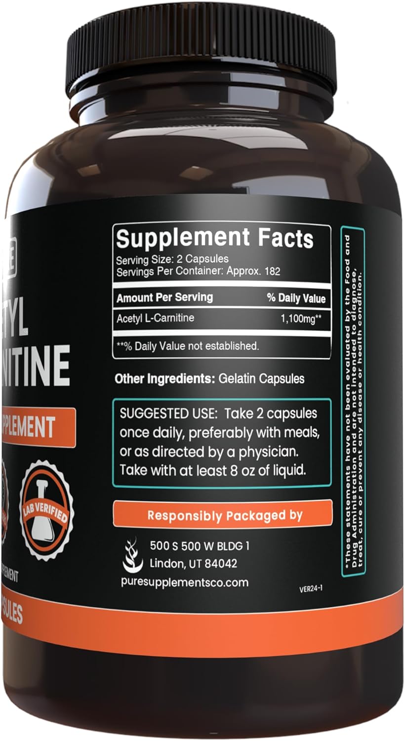 365 Capsules of Acetyl L-Carnitine with Pure Original Ingredients - No Magnesium or Rice Fillers, Lab Verified