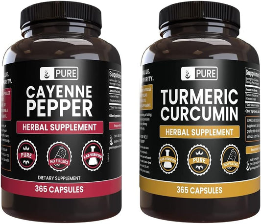 365 Capsules of Cayenne Pepper & Turmeric Curcumin with Pure Original Ingredients, Lab Verified - No Magnesium or Rice Fillers