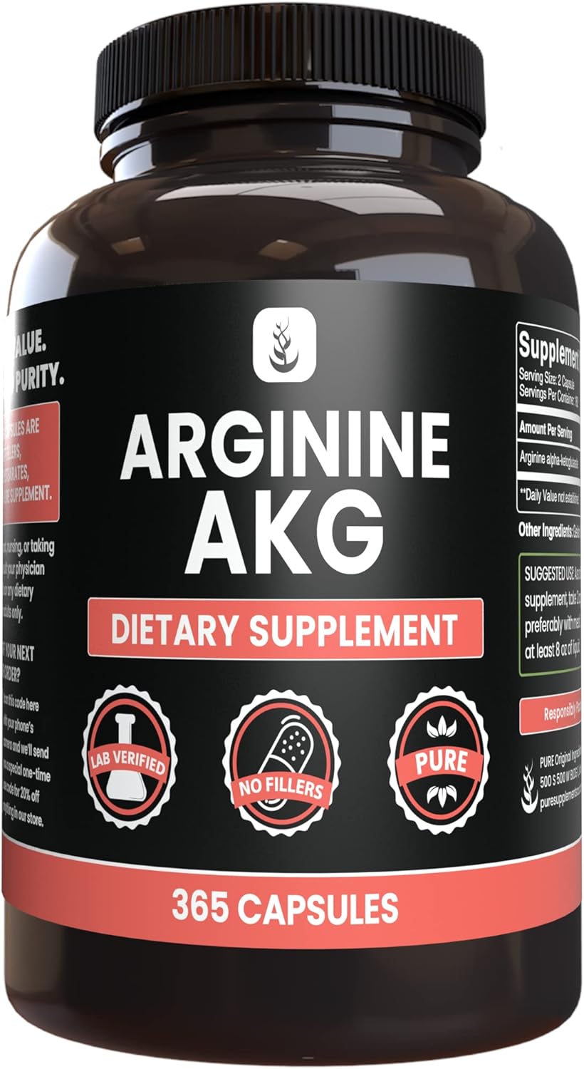 365 Capsules of Pure Arginine AAKG Supplement - No Magnesium or Rice Fillers - Lab Verified Quality