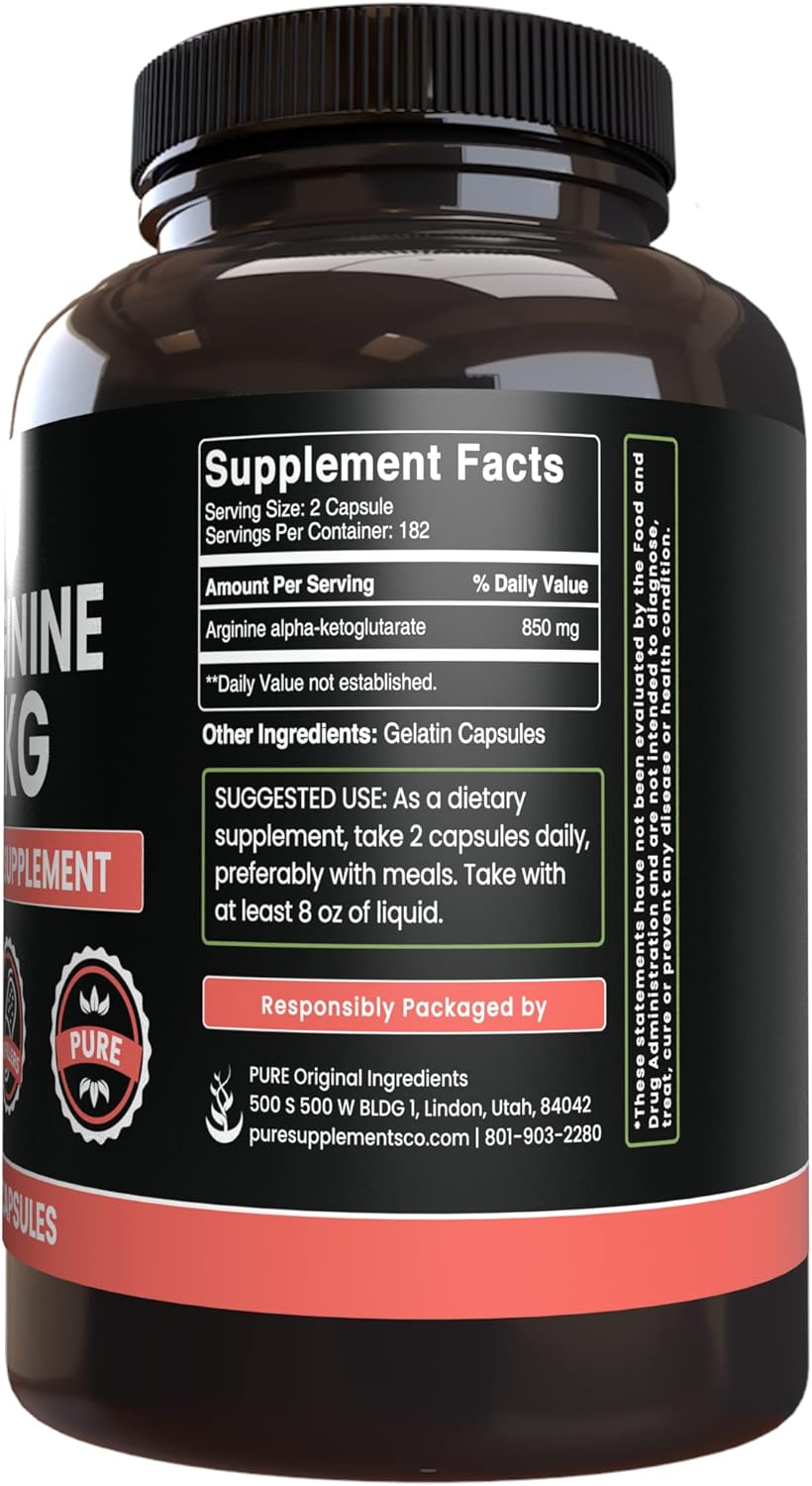 365 Capsules of Pure Arginine AAKG Supplement - No Magnesium or Rice Fillers - Lab Verified Quality