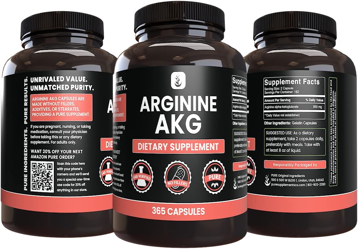 365 Capsules of Pure Arginine AAKG Supplement - No Magnesium or Rice Fillers - Lab Verified Quality