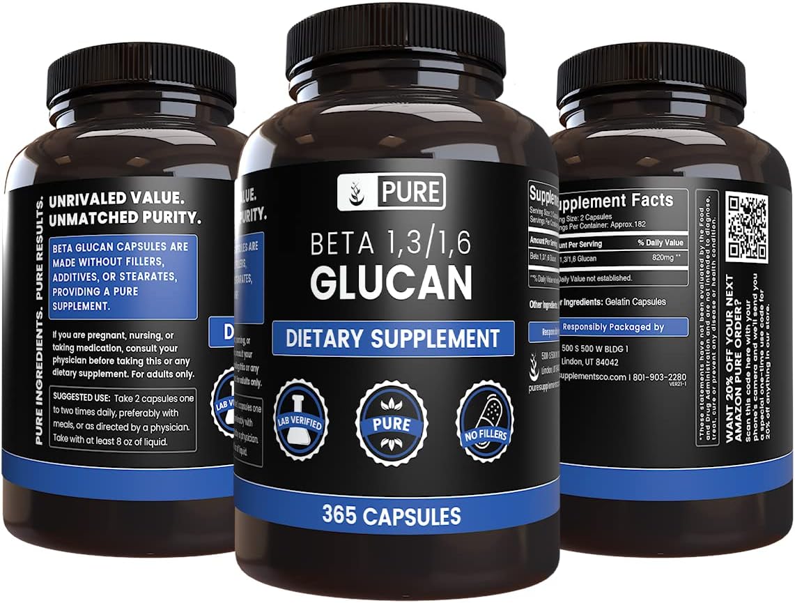 365 Capsules of Pure Beta Glucan 1,3/1,6 with Original Ingredients, Lab Verified, No Magnesium or Rice Fillers