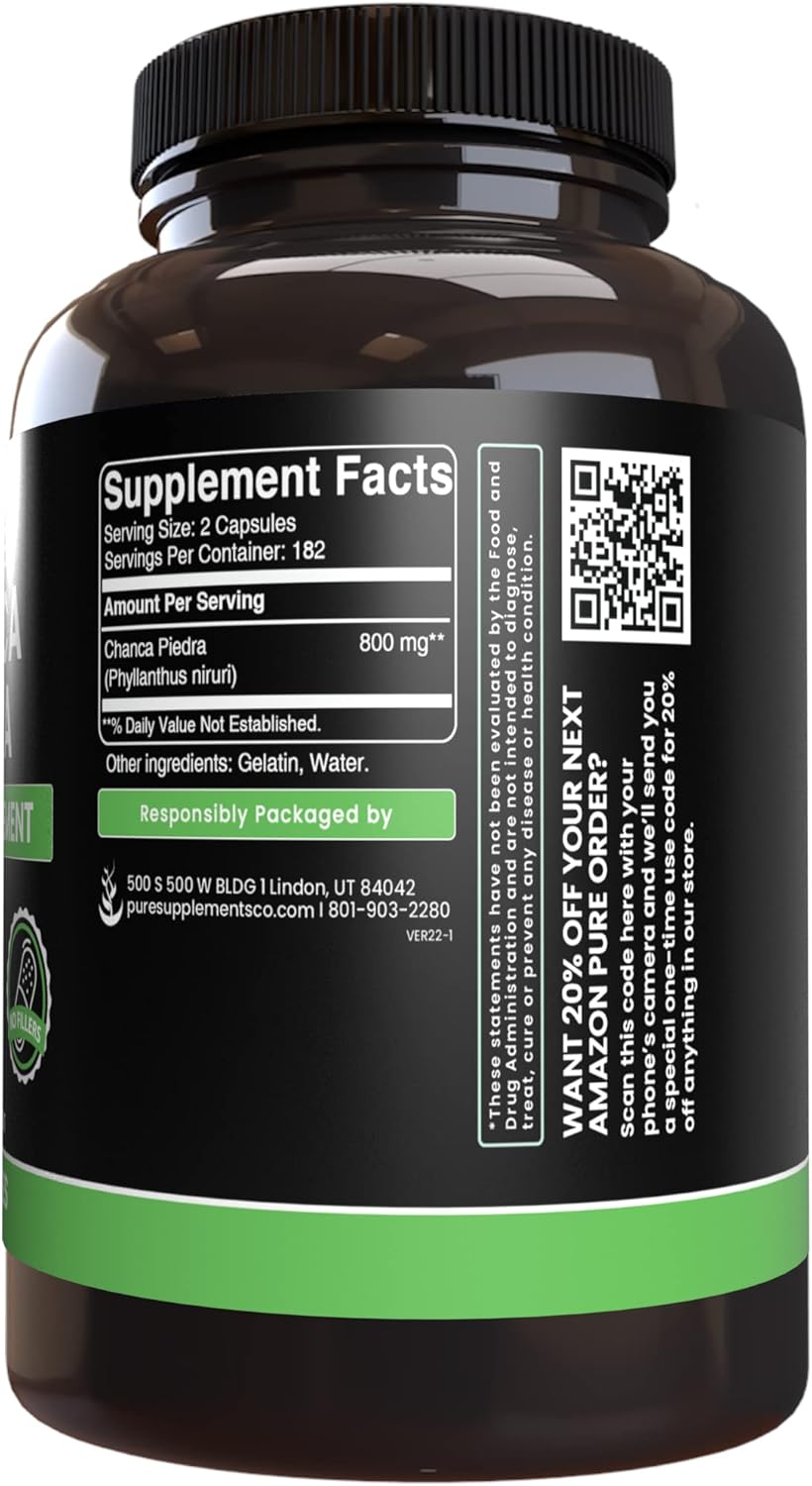 365 Capsules of Pure Chanca Piedra with Original Ingredients - No Fillers, Lab Verified & Magnesium-Free