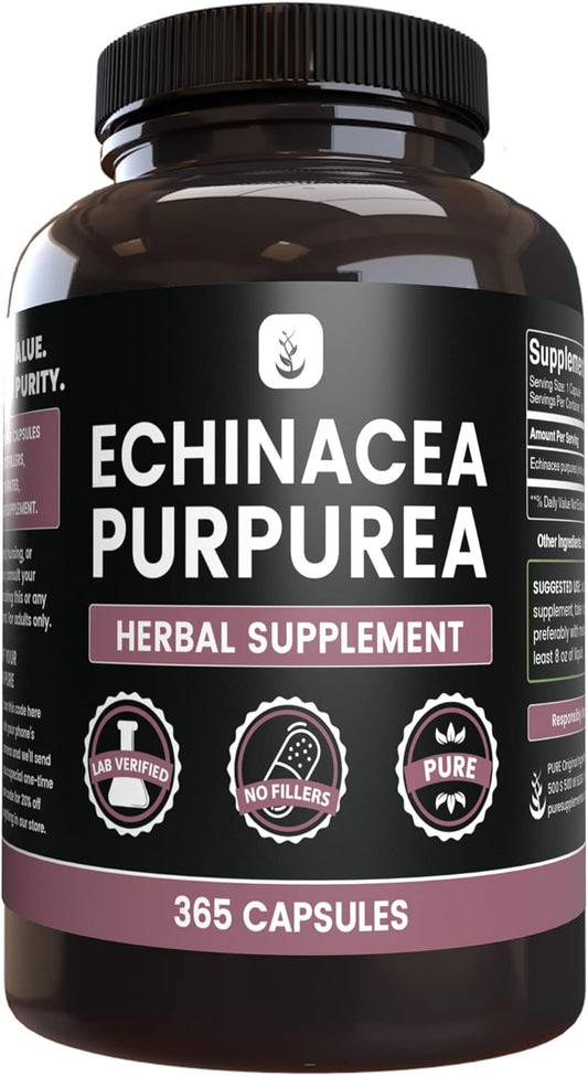 365 Capsules of Pure Echinacea Purpurea with No Magnesium or Rice Fillers - Lab Verified