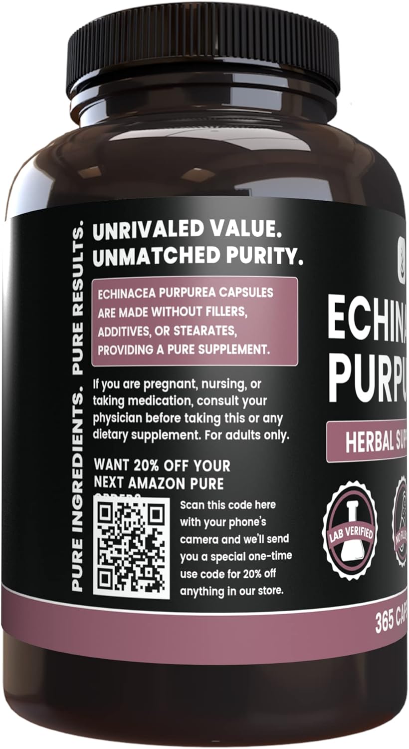 365 Capsules of Pure Echinacea Purpurea with No Magnesium or Rice Fillers - Lab Verified