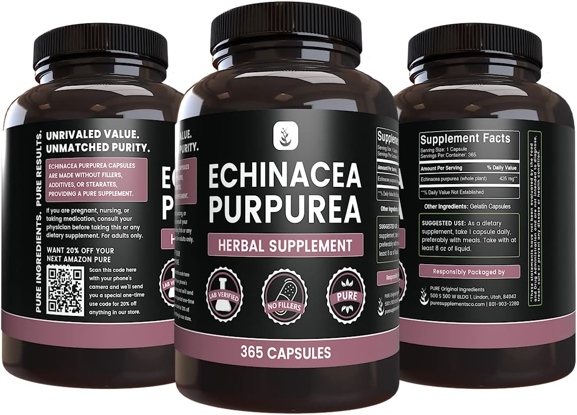 365 Capsules of Pure Echinacea Purpurea with No Magnesium or Rice Fillers - Lab Verified