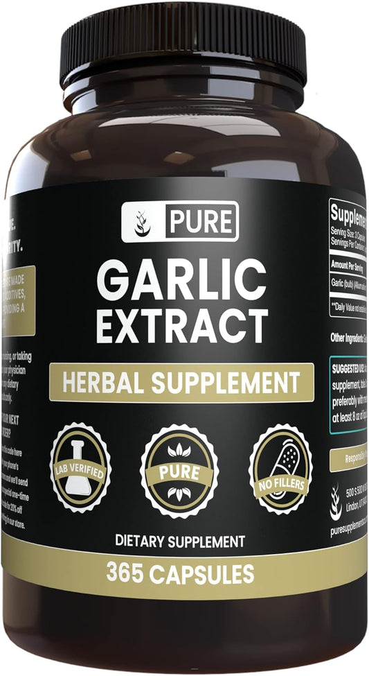 365 Capsules of Pure Garlic Extract with Original Ingredients, No Magnesium or Rice Fillers, Lab Verified