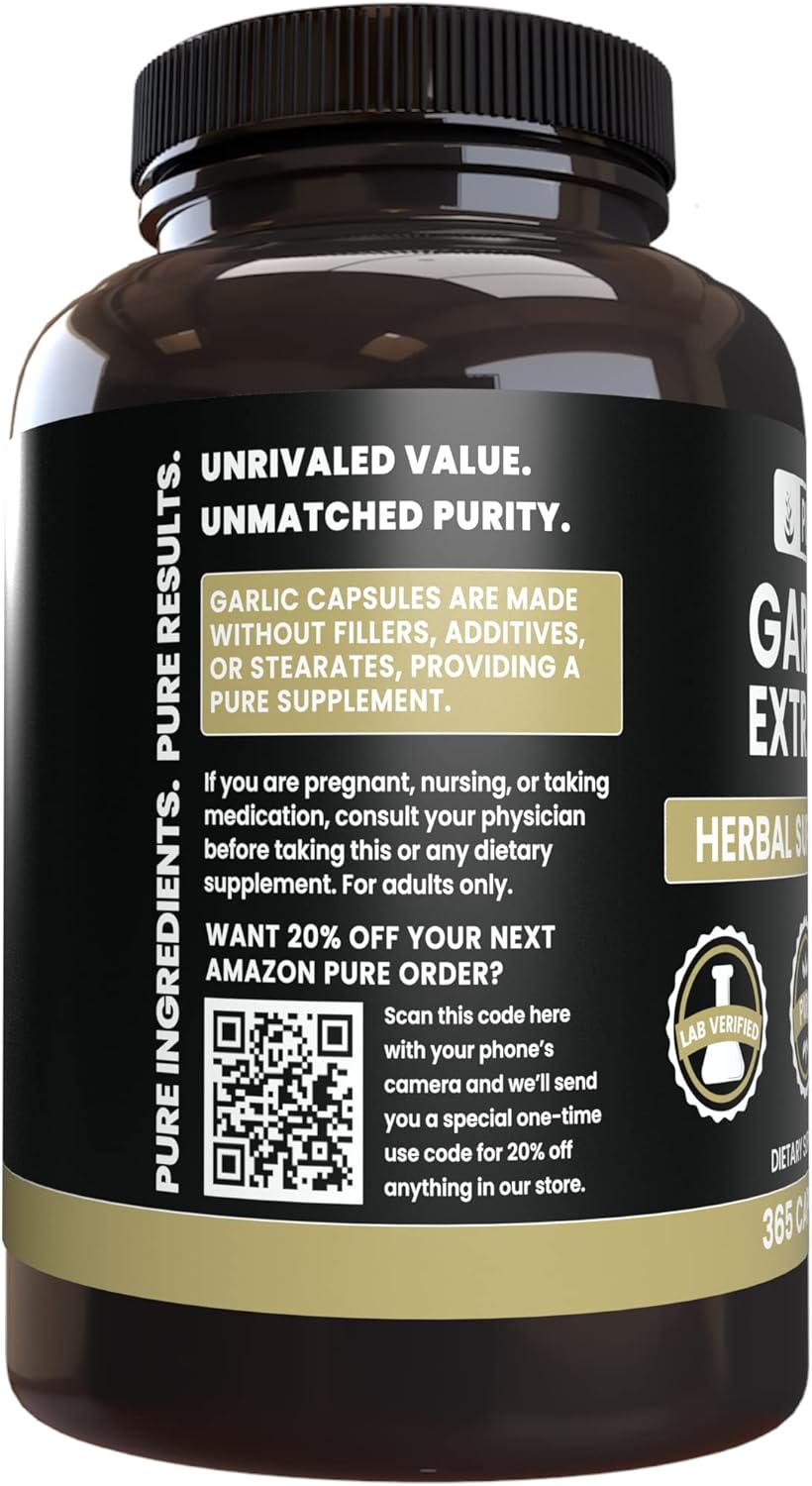 365 Capsules of Pure Garlic Extract with Original Ingredients, No Magnesium or Rice Fillers, Lab Verified