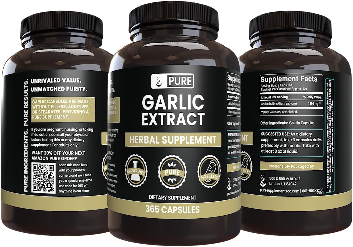 365 Capsules of Pure Garlic Extract with Original Ingredients, No Magnesium or Rice Fillers, Lab Verified