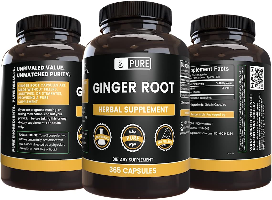 365 Capsules of Pure Ginger Root with No Magnesium or Rice Fillers - Lab Verified and Always Original Ingredients