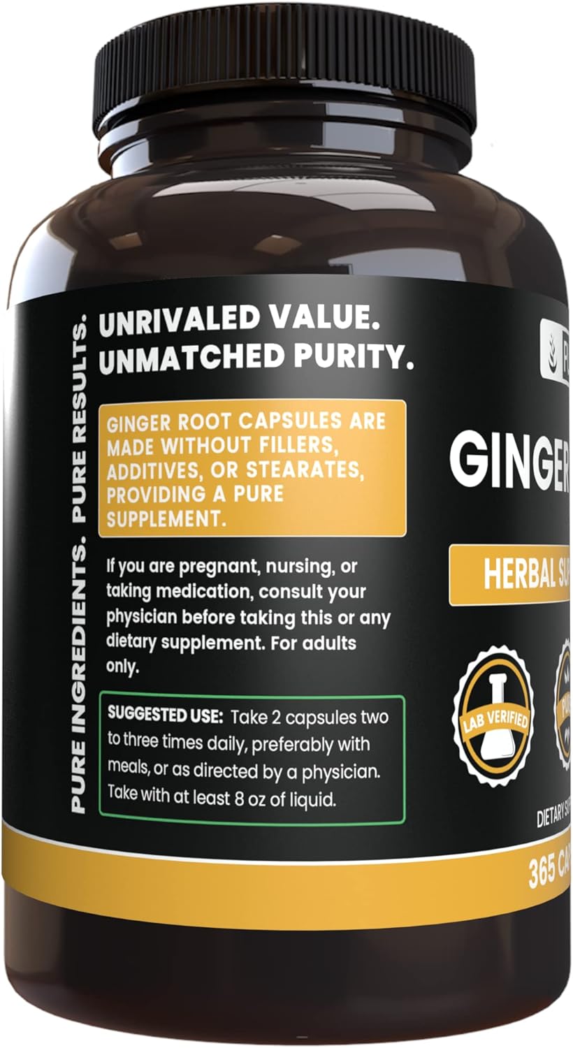 365 Capsules of Pure Ginger Root with No Magnesium or Rice Fillers - Lab Verified and Always Original Ingredients