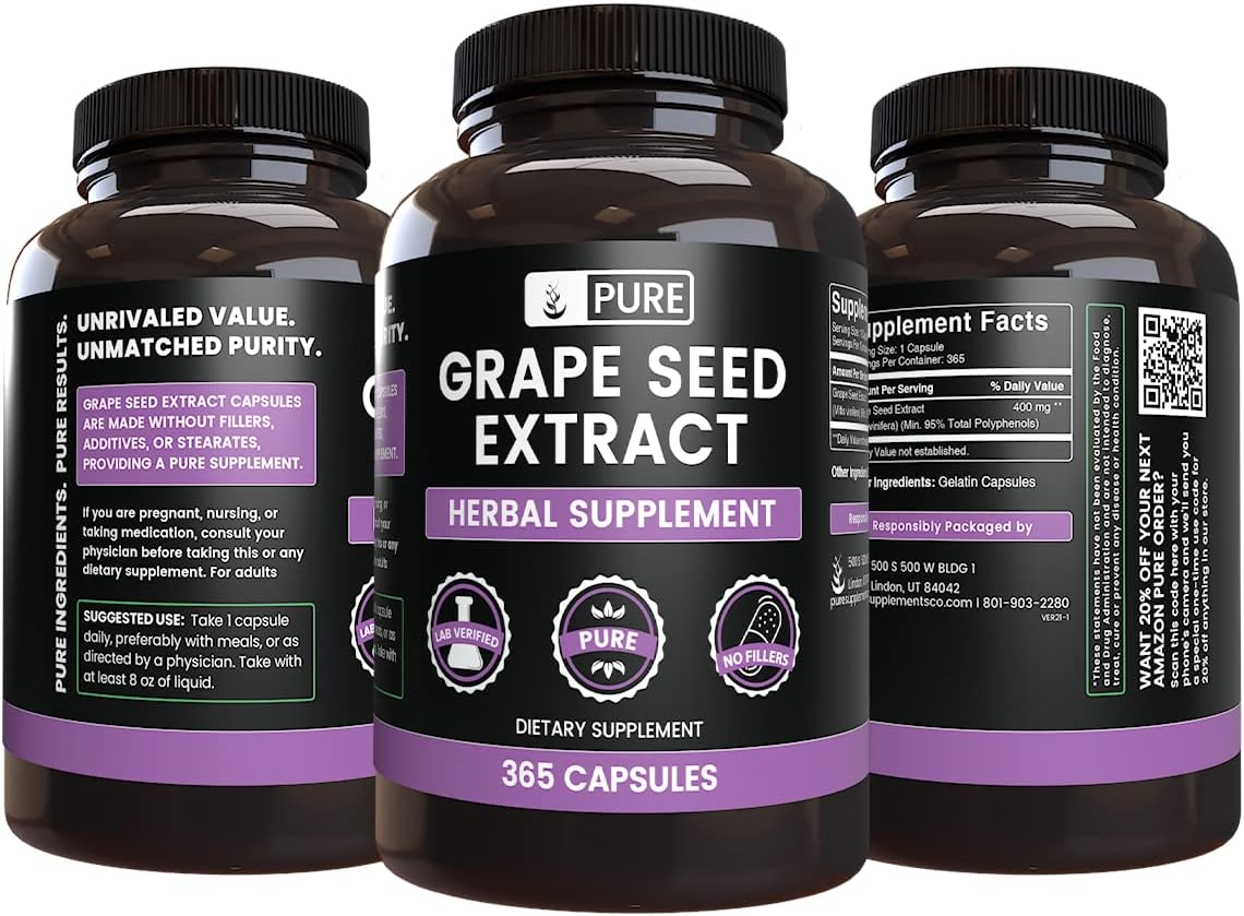 365 Capsules of Pure Grape Seed Extract with Original Ingredients, Lab Verified - No Magnesium or Rice Fillers