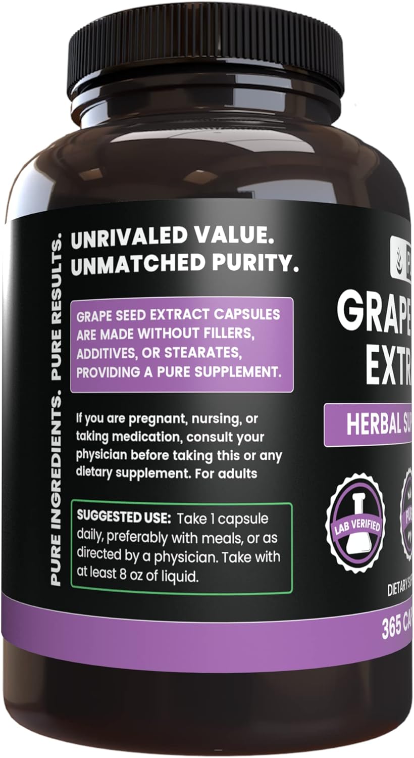 365 Capsules of Pure Grape Seed Extract with Original Ingredients, Lab Verified - No Magnesium or Rice Fillers