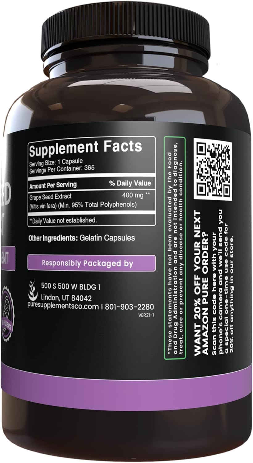 365 Capsules of Pure Grape Seed Extract with Original Ingredients, Lab Verified - No Magnesium or Rice Fillers