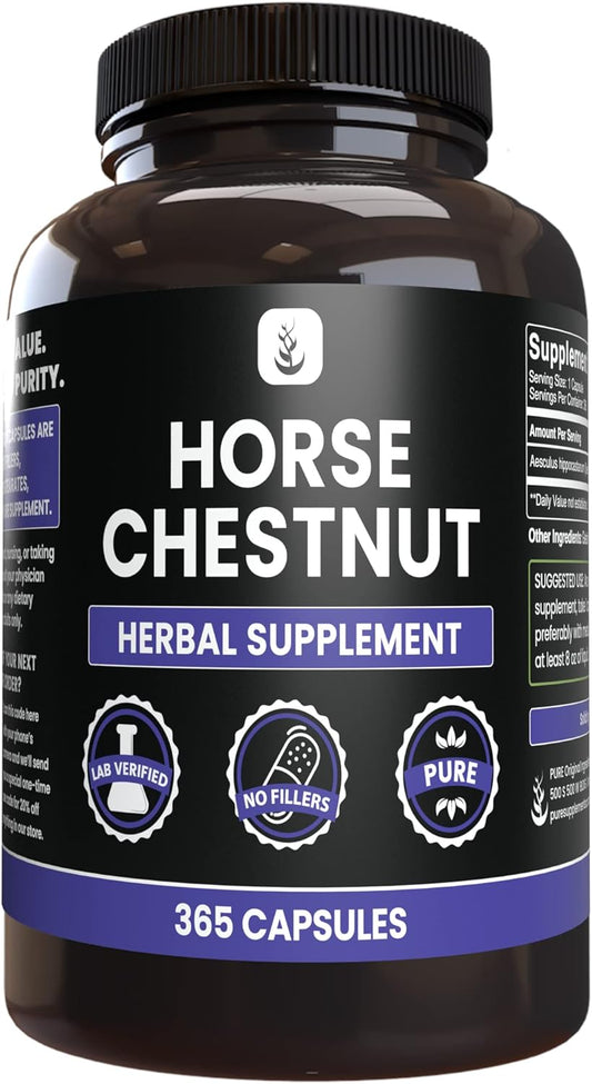 365 Capsules of Pure Horse Chestnut Extract, No Magnesium or Rice Fillers, Lab Verified Quality