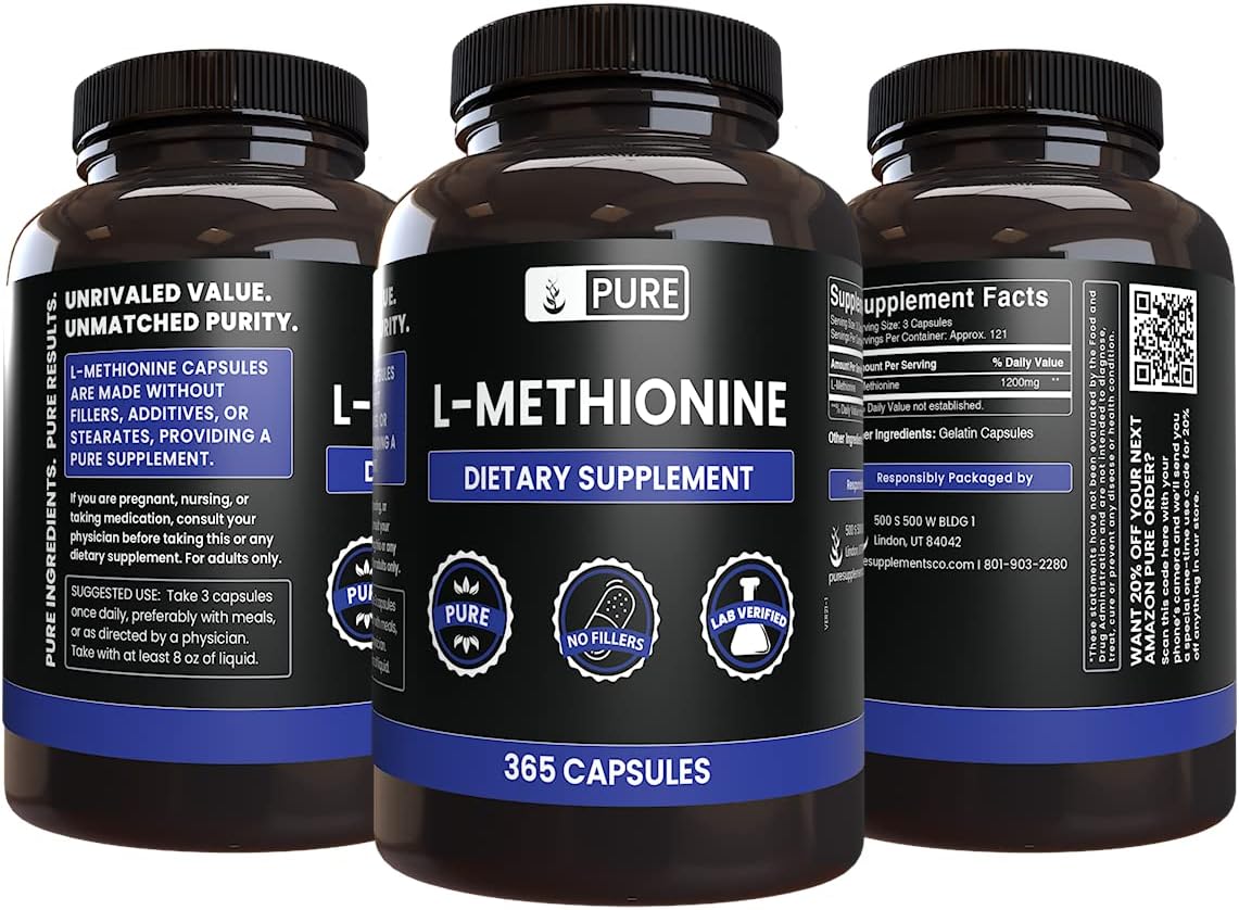 365 Capsules of Pure L-Methionine - No Magnesium or Rice Fillers - Lab Verified Quality