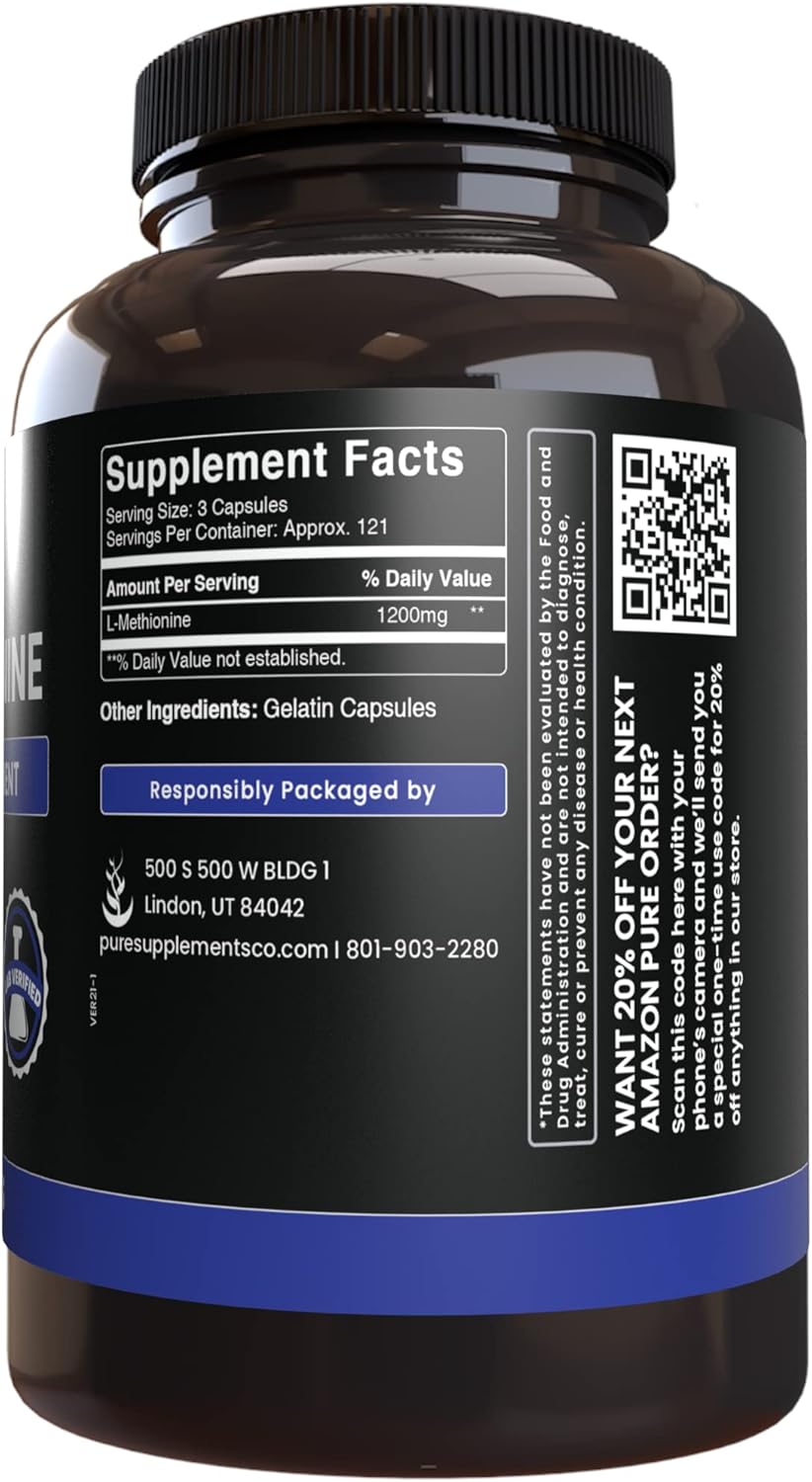 365 Capsules of Pure L-Methionine - No Magnesium or Rice Fillers - Lab Verified Quality