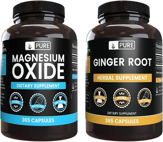 365 Capsules of Pure Magnesium Oxide and Ginger Root Bundle with No Fillers - Original Ingredients, Always Pure