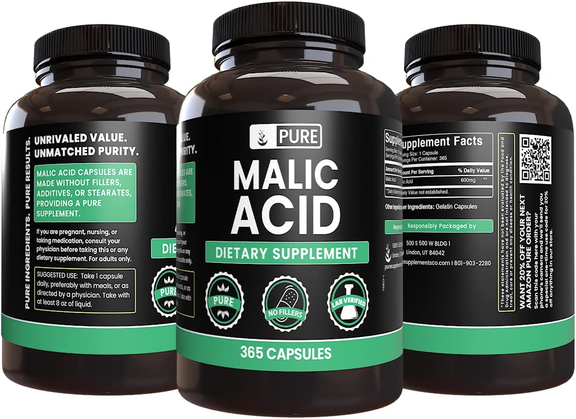 365 Capsules of Pure Malic Acid with Original Ingredients, No Magnesium or Rice Fillers - Lab Verified