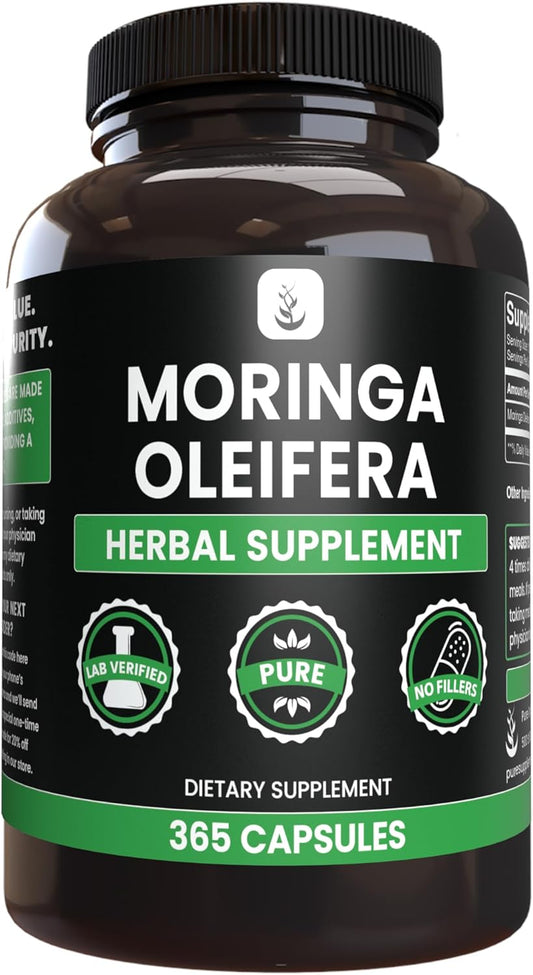 365 Capsules of Pure Moringa with Original Ingredients, Lab Verified - No Magnesium or Rice Fillers