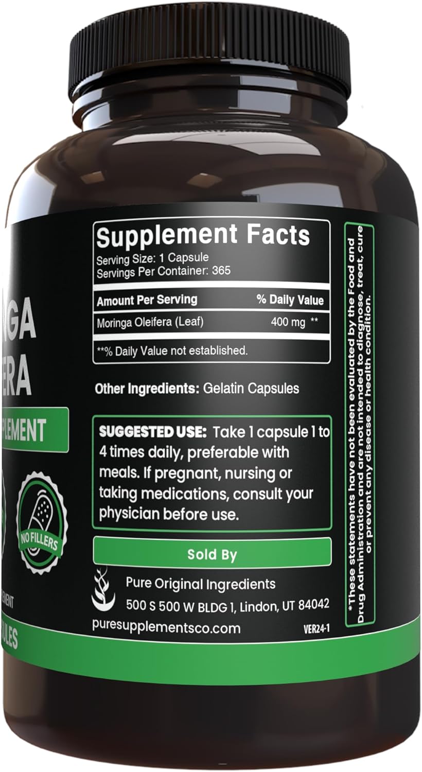 365 Capsules of Pure Moringa with Original Ingredients, Lab Verified - No Magnesium or Rice Fillers