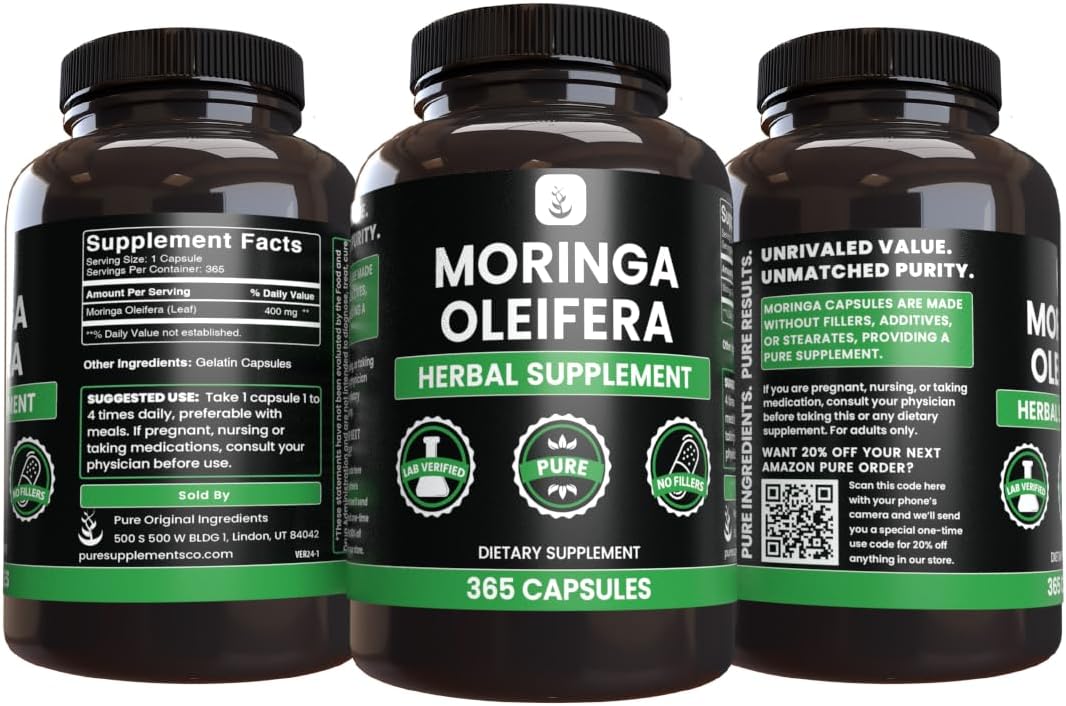 365 Capsules of Pure Moringa with Original Ingredients, Lab Verified - No Magnesium or Rice Fillers