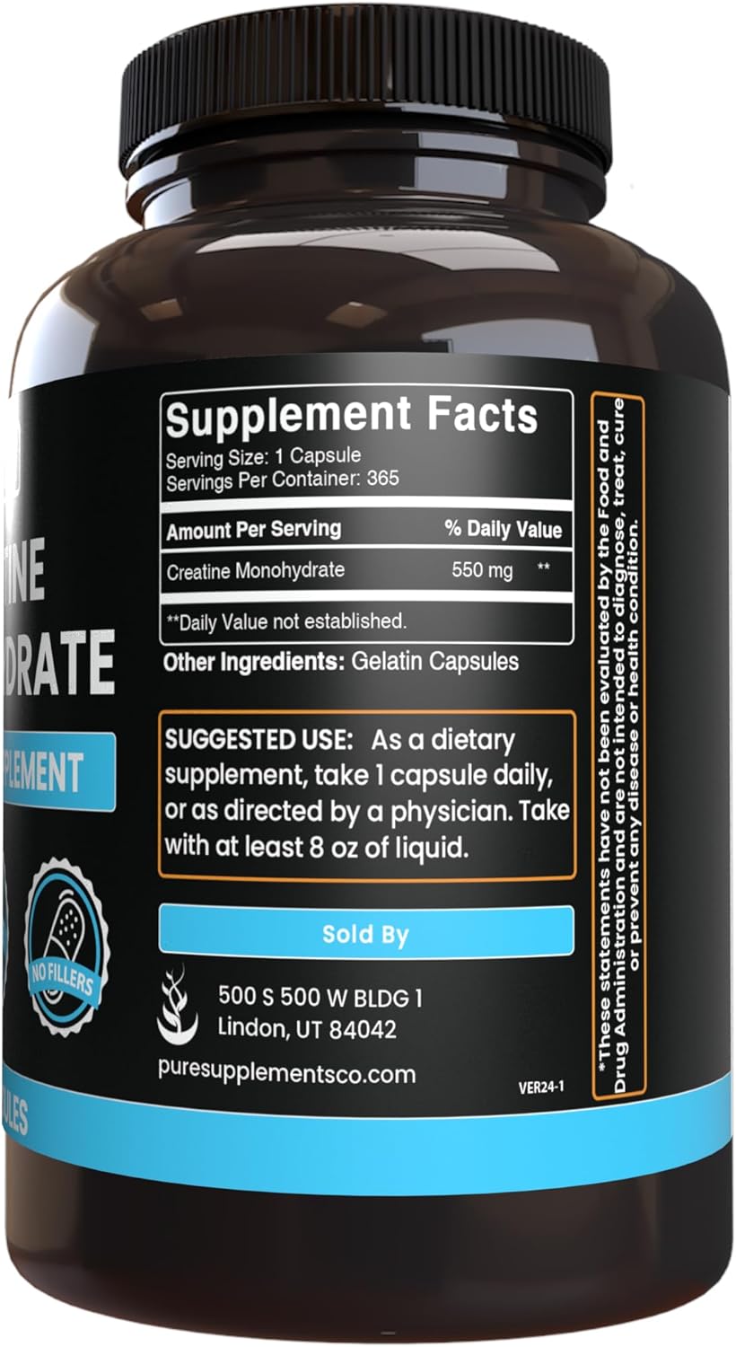 365 Capsules of Pure Original Ingredients Creatine Monohydrate - Lab Verified, No Magnesium or Rice Fillers