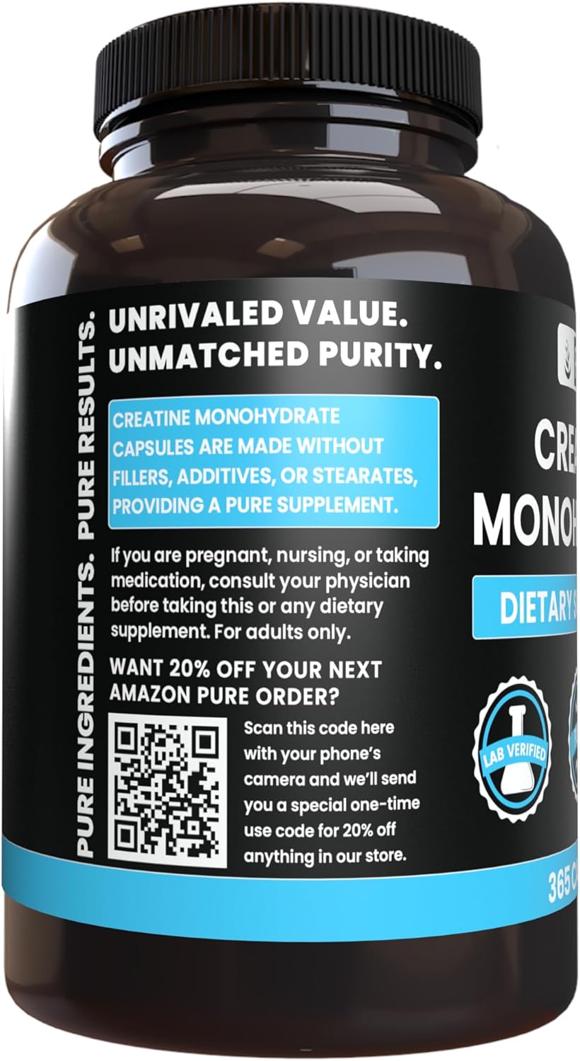 365 Capsules of Pure Original Ingredients Creatine Monohydrate - Lab Verified, No Magnesium or Rice Fillers