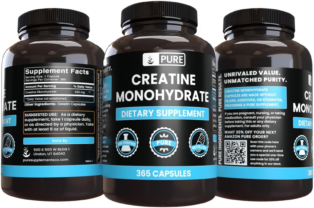 365 Capsules of Pure Original Ingredients Creatine Monohydrate - Lab Verified, No Magnesium or Rice Fillers