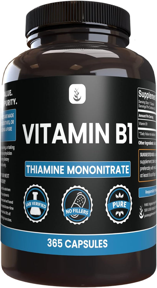 365 Capsules of Pure Original Ingredients Vitamin B1 (Thiamine Mononitrate) - No Magnesium or Rice Fillers - Lab Verified Pure Formula
