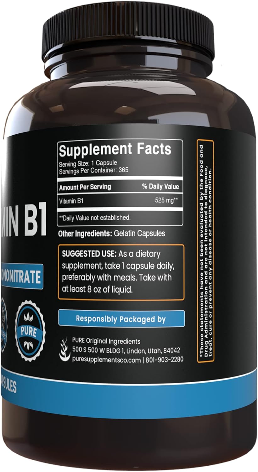 365 Capsules of Pure Original Ingredients Vitamin B1 (Thiamine Mononitrate) - No Magnesium or Rice Fillers - Lab Verified Pure Formula