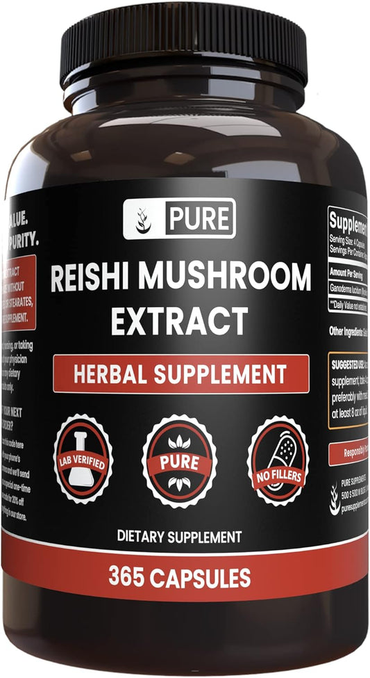 365 Capsules of Pure Reishi Mushroom Extract with Original Ingredients - No Magnesium or Rice Fillers, Lab Verified