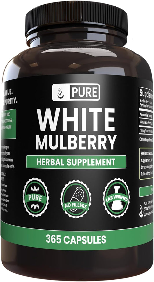 365 Capsules of Pure White Mulberry with Original Ingredients, No Magnesium or Rice Fillers - Lab Verified, Always Pure