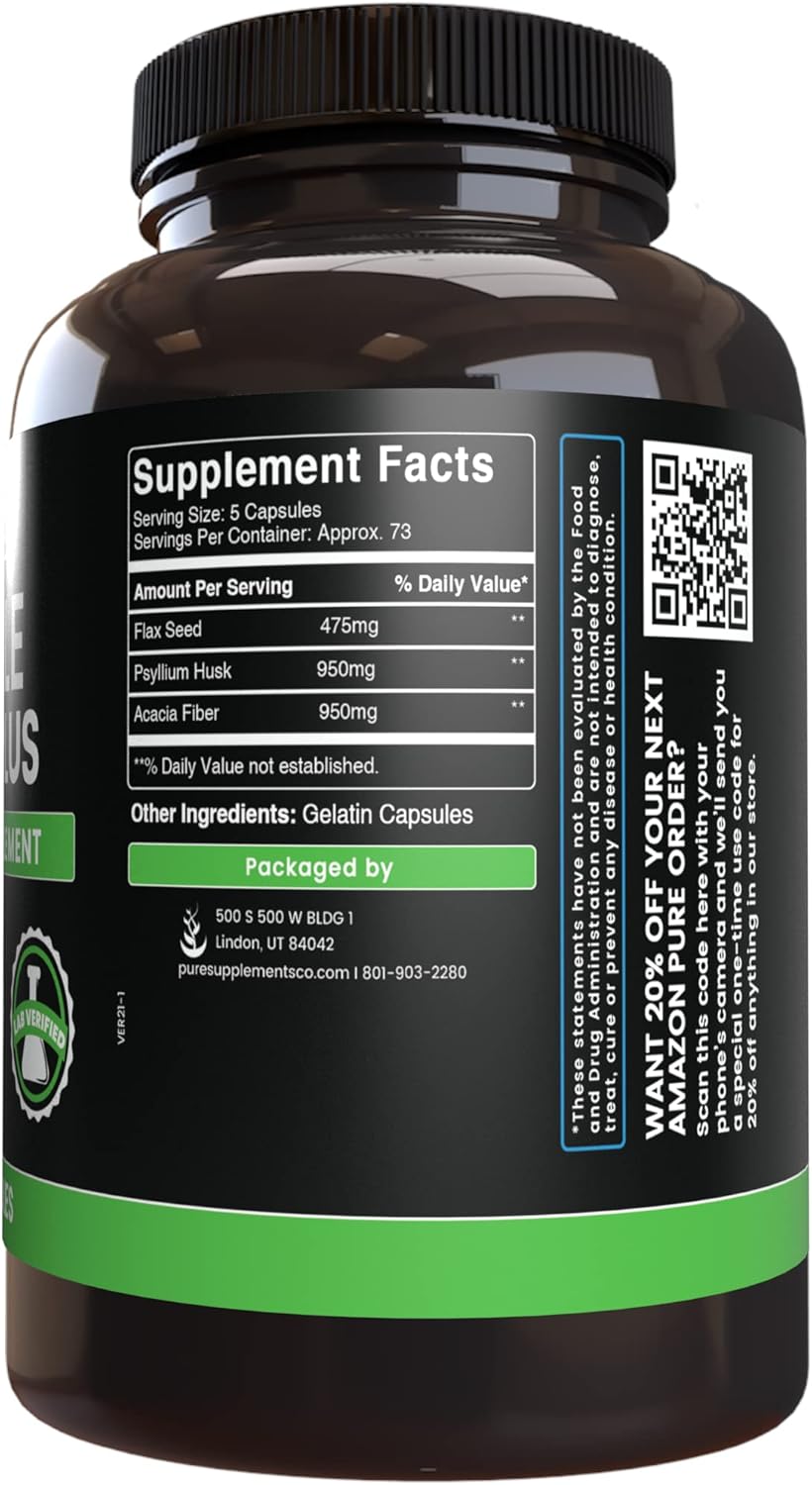 365 Capsules of Triple Fiber with Pure Original Ingredients - No Magnesium or Rice Fillers - Lab Verified