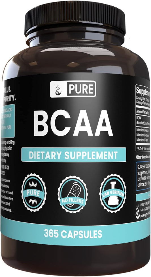 365 Capsules Pure BCAA Supplement - Original Ingredients, No Magnesium or Rice Fillers - Lab Verified Quality