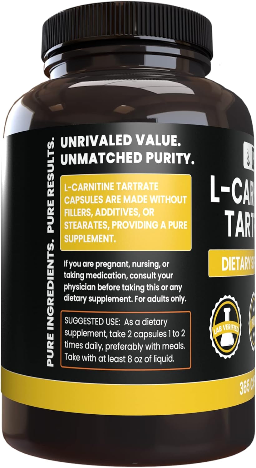 365 Capsules Pure L-Carnitine Tartrate - No Magnesium or Rice Fillers, Lab Verified