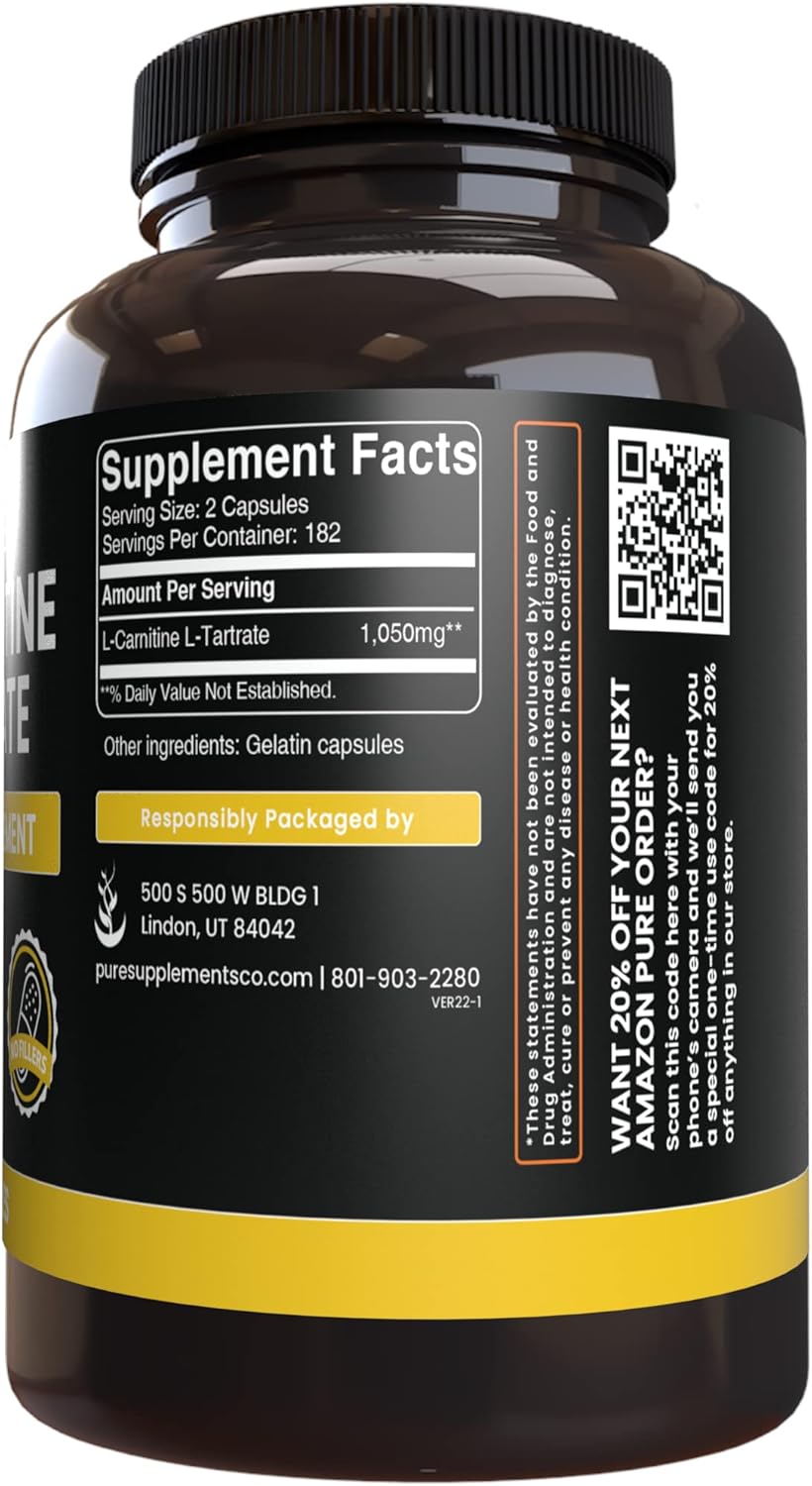 365 Capsules Pure L-Carnitine Tartrate - No Magnesium or Rice Fillers, Lab Verified