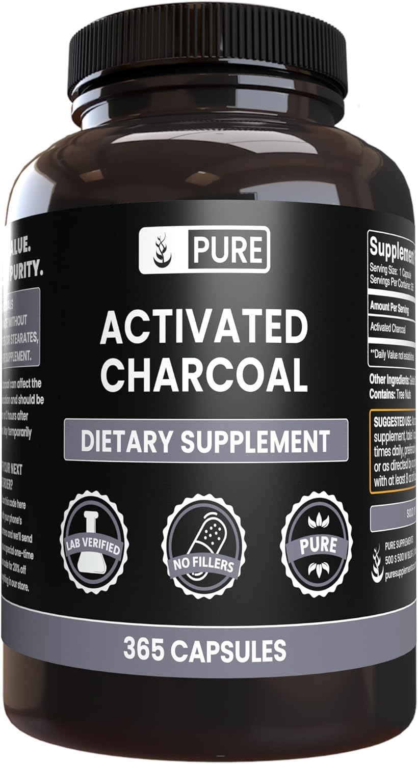 365 Count Activated Charcoal Capsules with Pure Ingredients - No Magnesium or Rice Fillers - Lab Verified