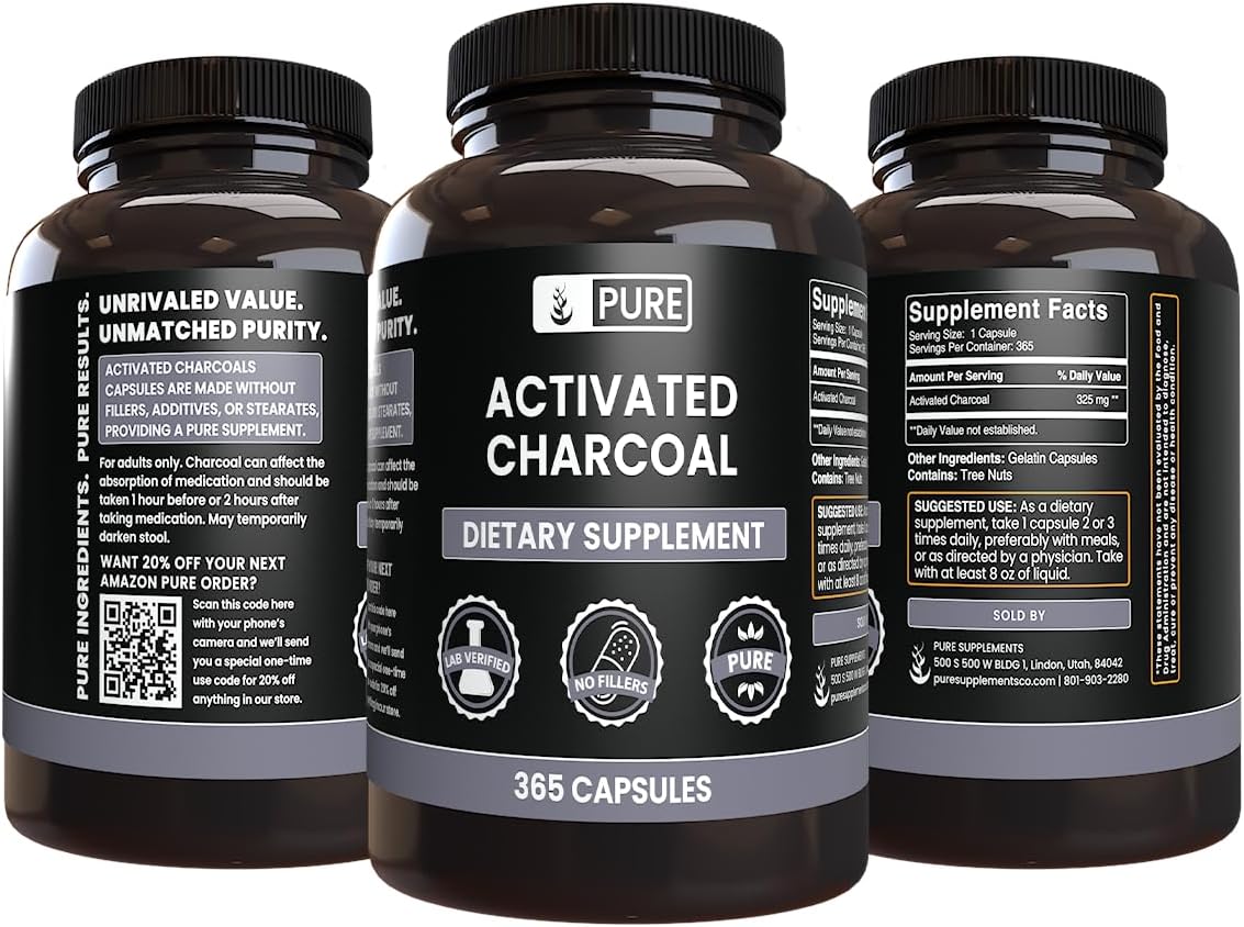 365 Count Activated Charcoal Capsules with Pure Ingredients - No Magnesium or Rice Fillers - Lab Verified