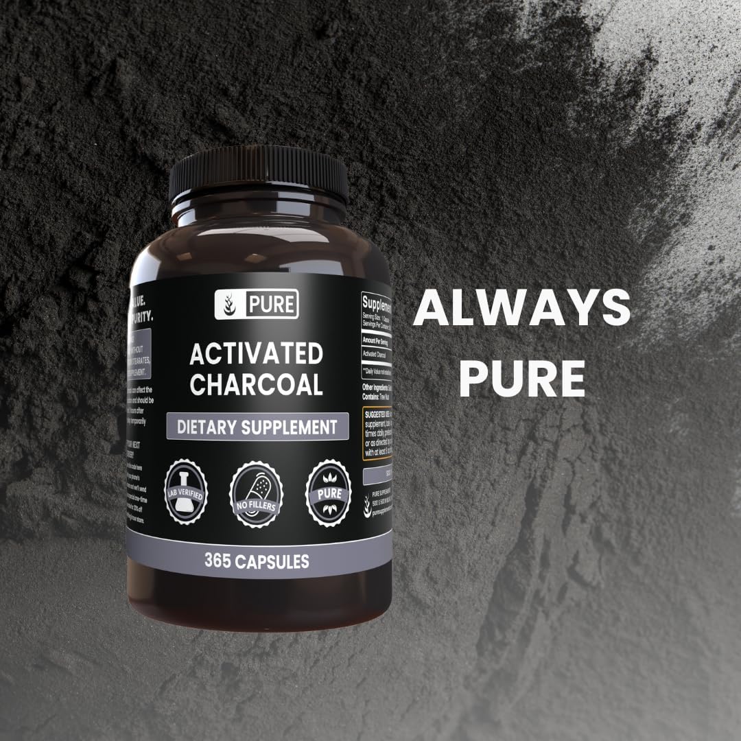 365 Count Activated Charcoal Capsules with Pure Ingredients - No Magnesium or Rice Fillers - Lab Verified