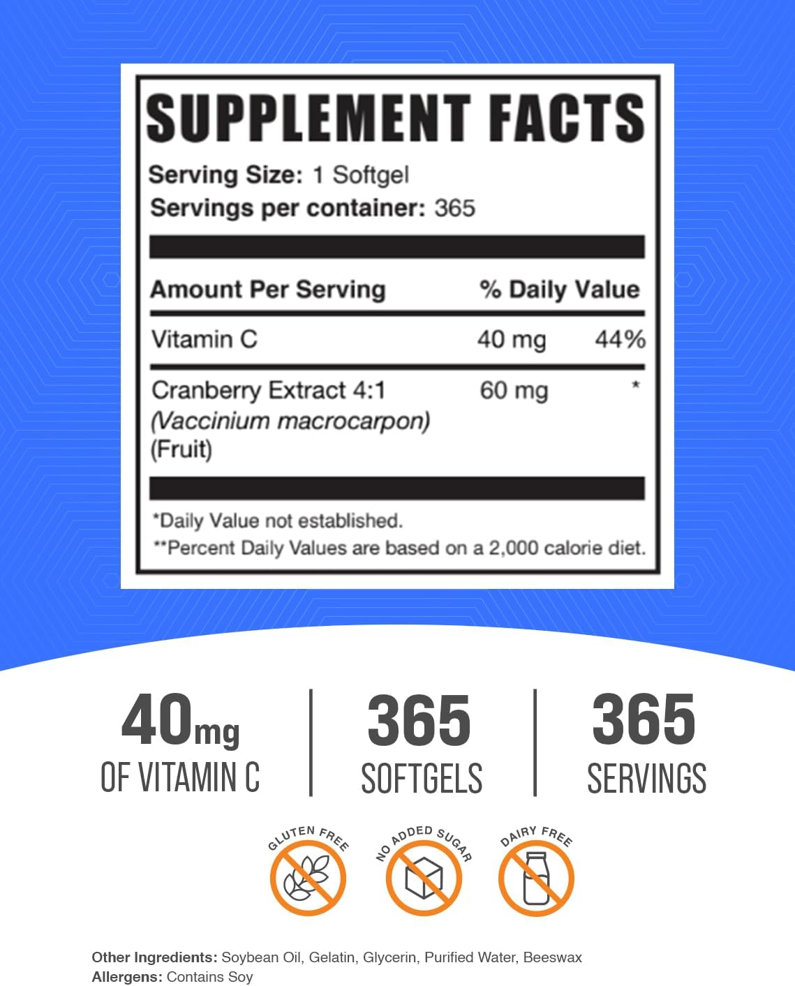 365 Count Cranberry with Vitamin C Softgels - 40mg Vitamin C - Gluten Free - 1 Softgel per Serving - BulkSupplements.com