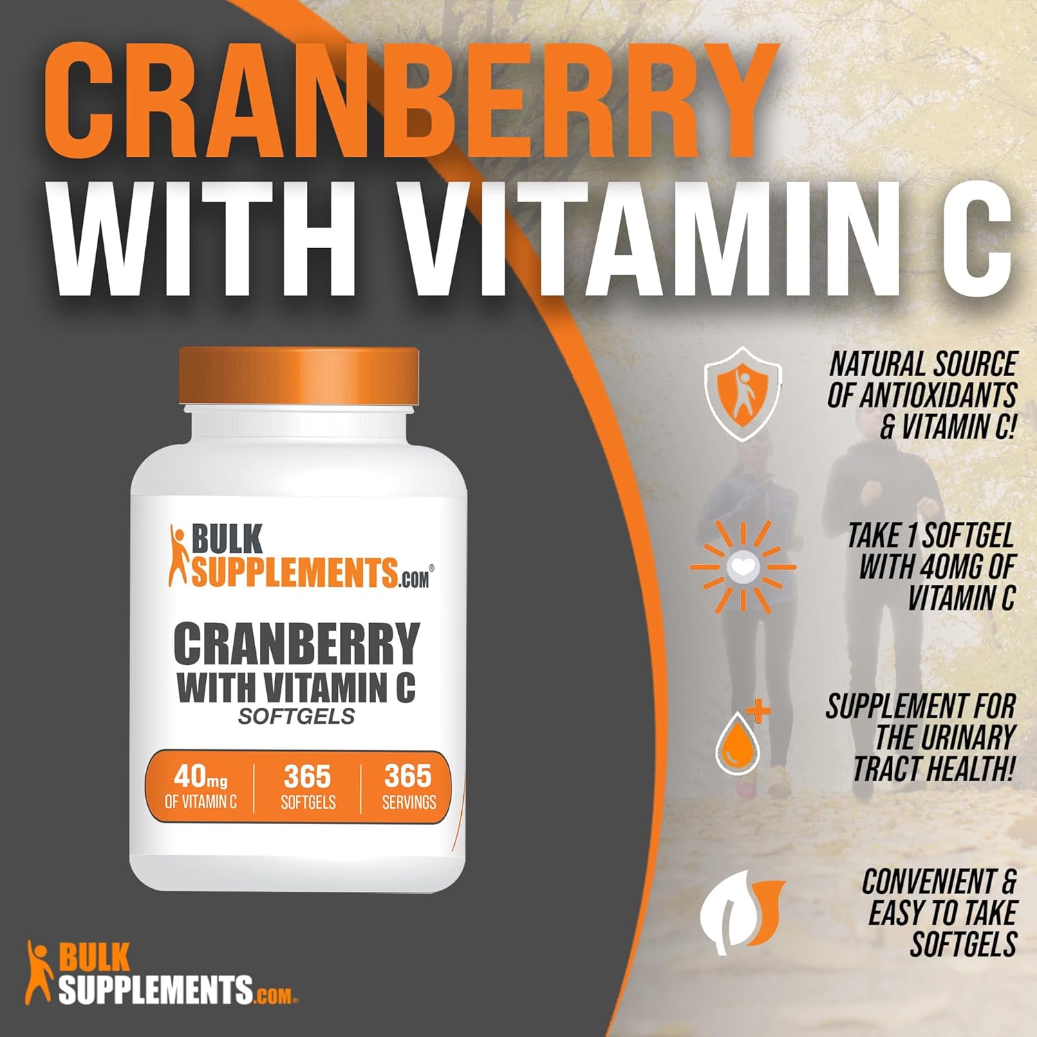 365 Count Cranberry with Vitamin C Softgels - 40mg Vitamin C - Gluten Free - 1 Softgel per Serving - BulkSupplements.com