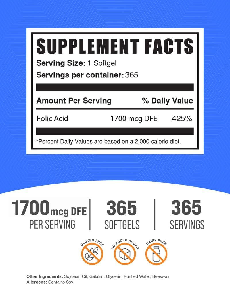 365 Count Folic Acid Softgels - 1700 mcg Vitamin B9 Supplement - Gluten Free Folate - 1 Softgel per Serving