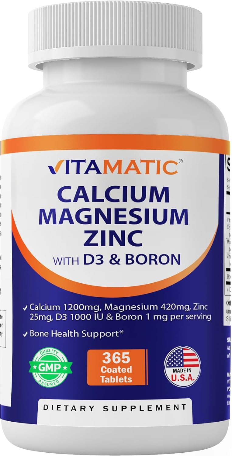 365 Count Vitamatic Calcium Magnesium Zinc D3 Boron Coated Tablets | Calcium 1200mg, Magnesium 420mg, Zinc 25mg, Vitamin D3 1000 IU, Boron 1mg | Non-GMO, Gluten Free | Made in USA