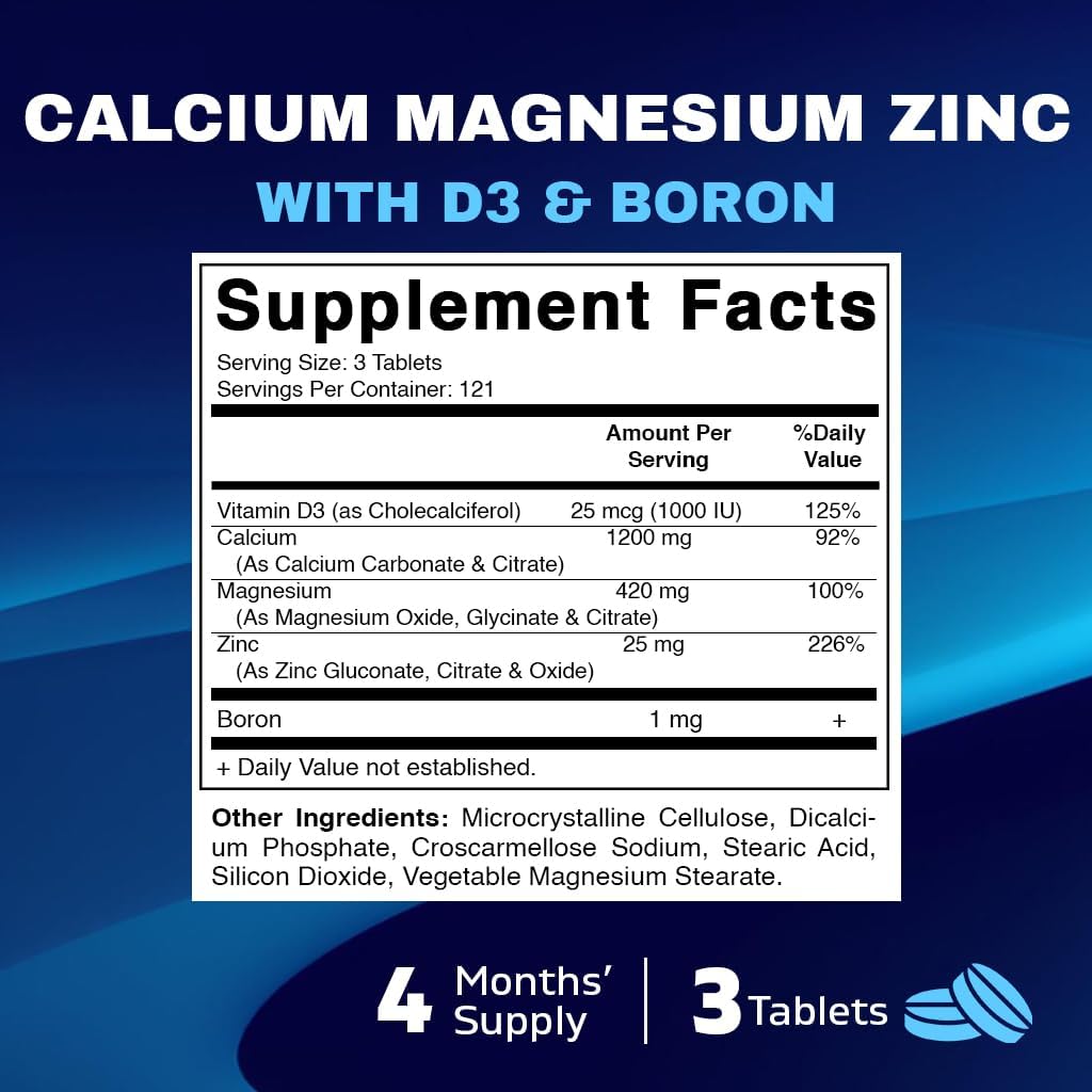 365 Count Vitamatic Calcium Magnesium Zinc D3 Boron Coated Tablets | Calcium 1200mg, Magnesium 420mg, Zinc 25mg, Vitamin D3 1000 IU, Boron 1mg | Non-GMO, Gluten Free | Made in USA