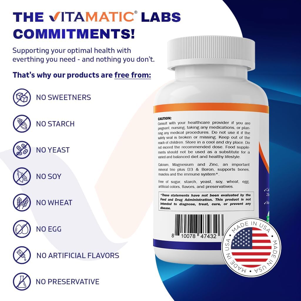 365 Count Vitamatic Calcium Magnesium Zinc D3 Boron Coated Tablets | Calcium 1200mg, Magnesium 420mg, Zinc 25mg, Vitamin D3 1000 IU, Boron 1mg | Non-GMO, Gluten Free | Made in USA